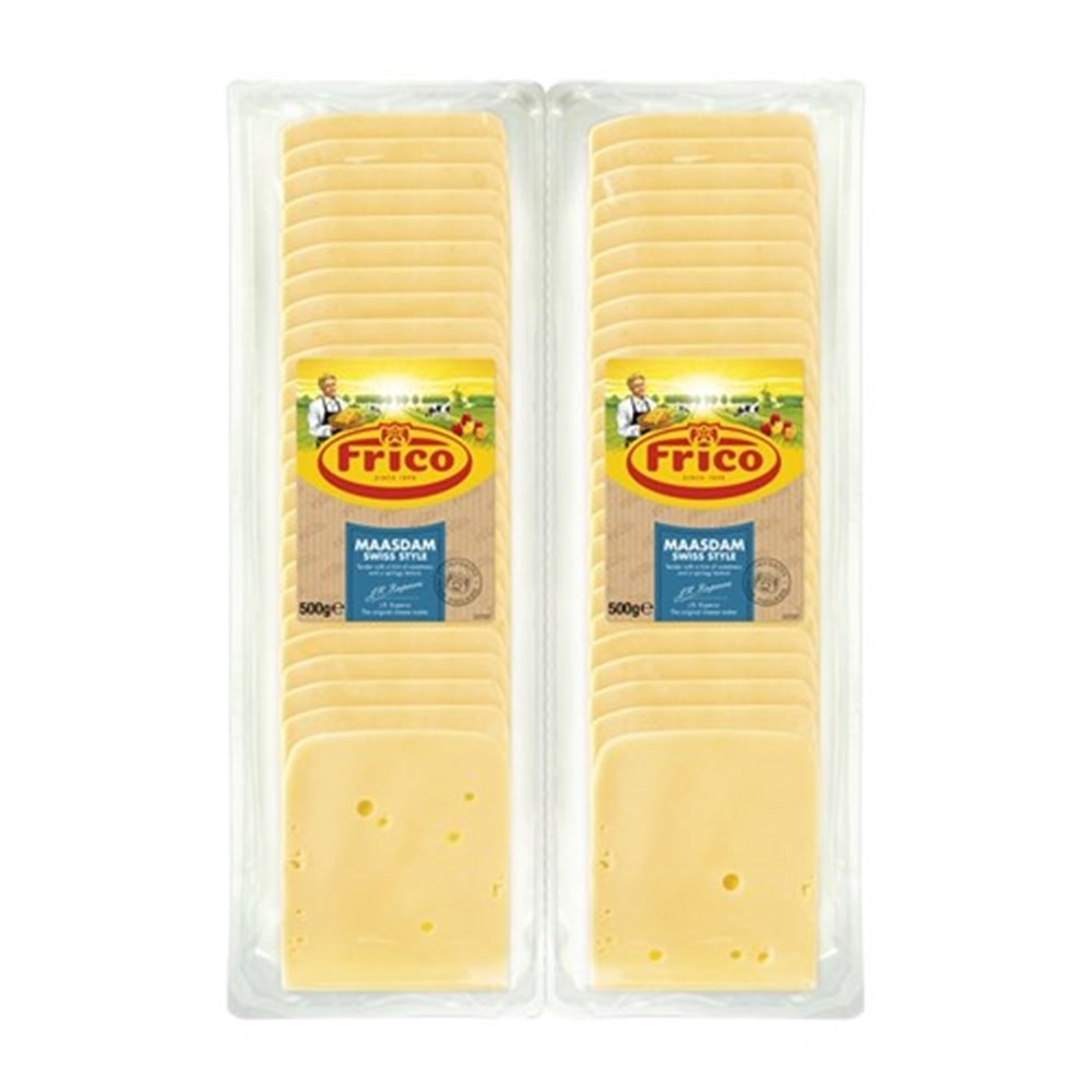 CHEESE SLICES SWISS MAASDAM 1KG (2x500G) FRICO